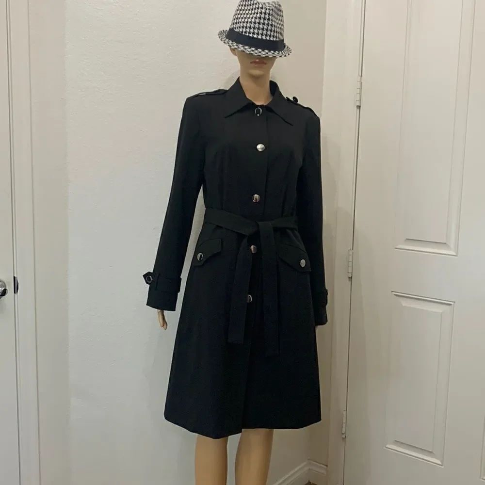 Worthington Works Stretch Separates Size 8 Silver Button Front Black Trench Coat